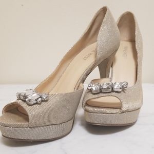 Off-white, sparkling open toe heels